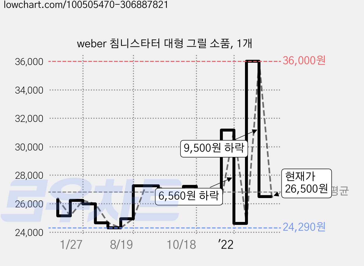 weber 침니스타터 대형 그릴 소품, 1개 가격 변동 차트, 현재가 26,500원, 관측 최저가 24,220원