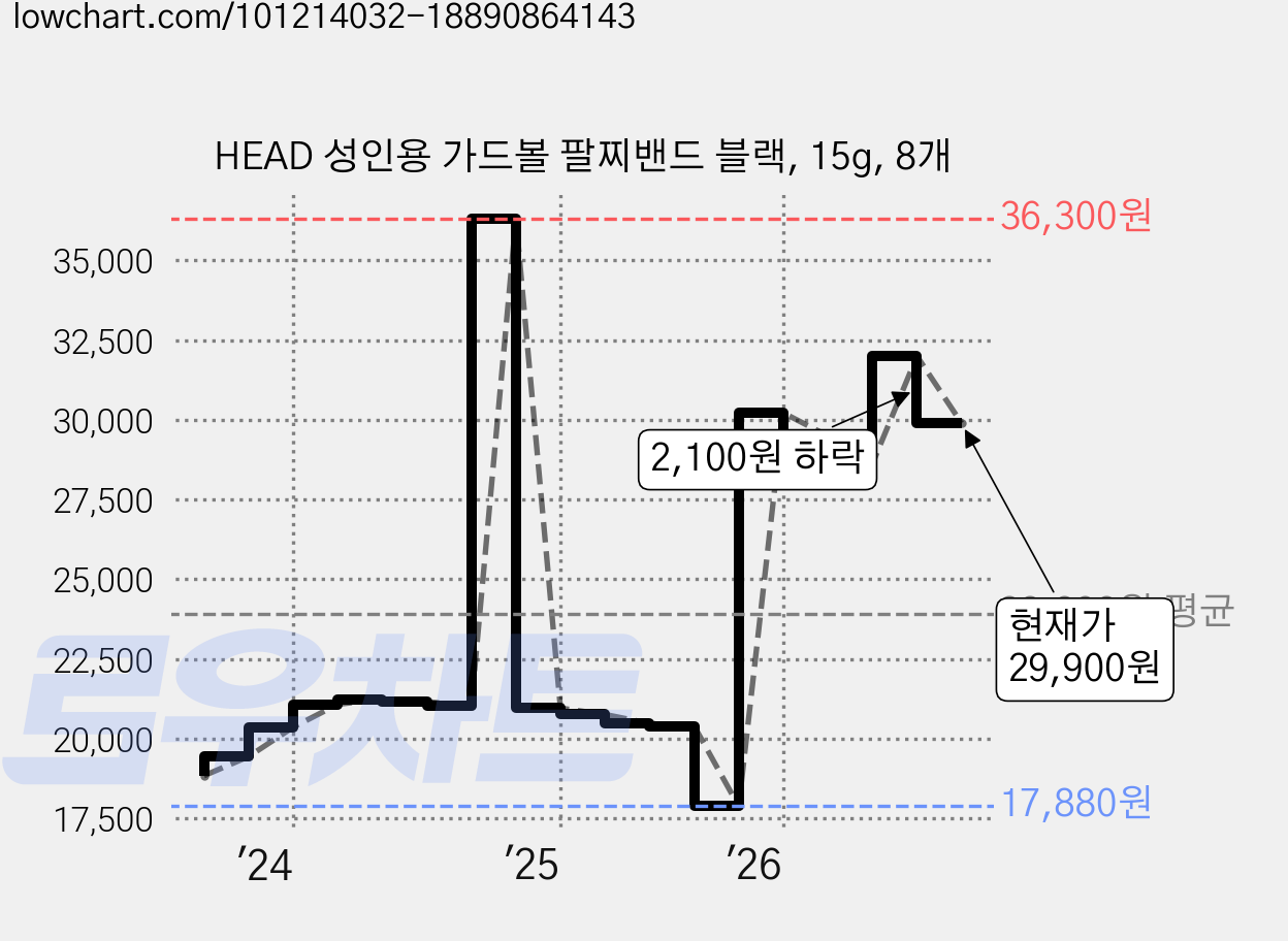 HEAD 성인용 가드볼 팔찌밴드 블랙, 15g, 8개 가격 변동 차트, 현재가 29,900원, 관측 최저가 17,880원
