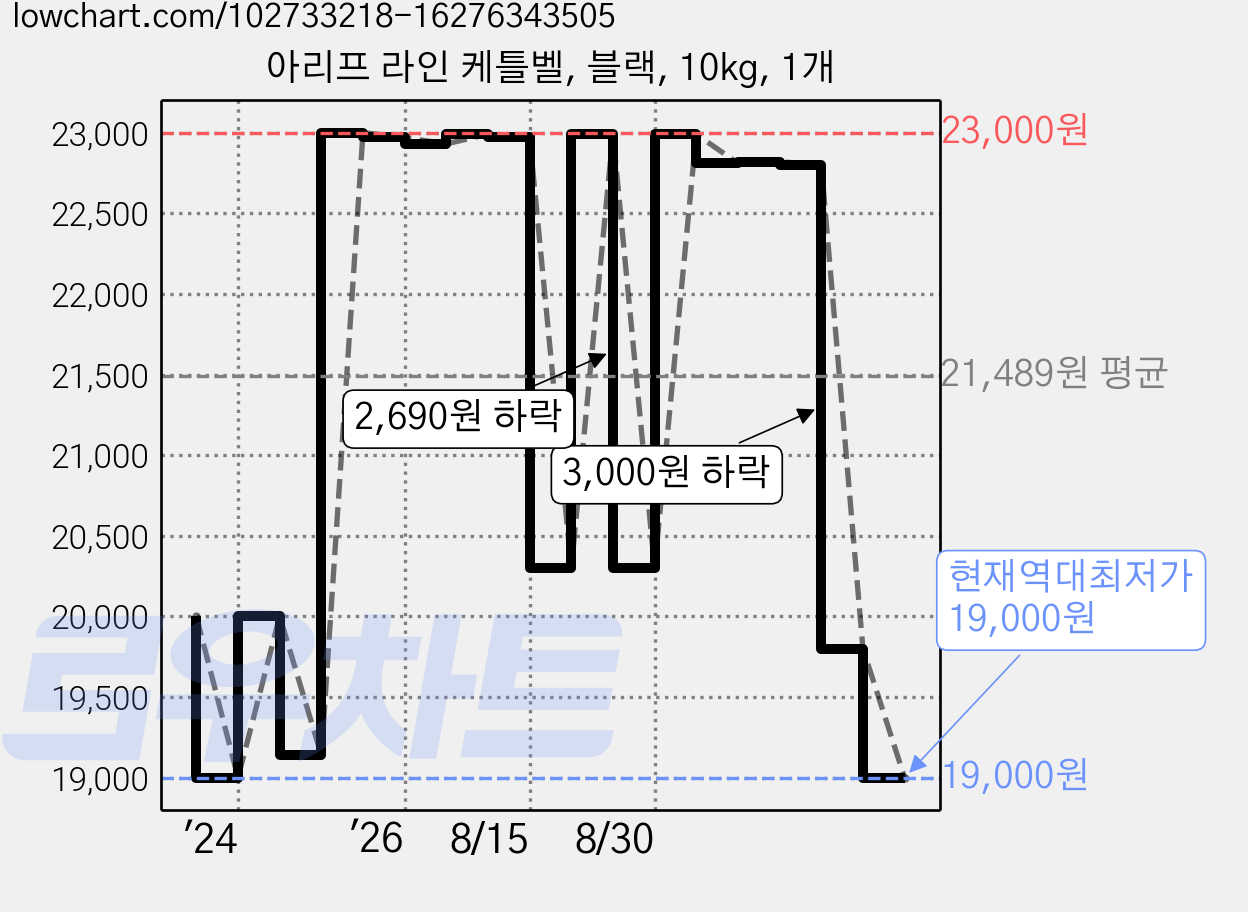 아리프 라인 케틀벨, 블랙, 10kg, 1개 가격 변동 차트, 현재가 19,000원, 역대최저가