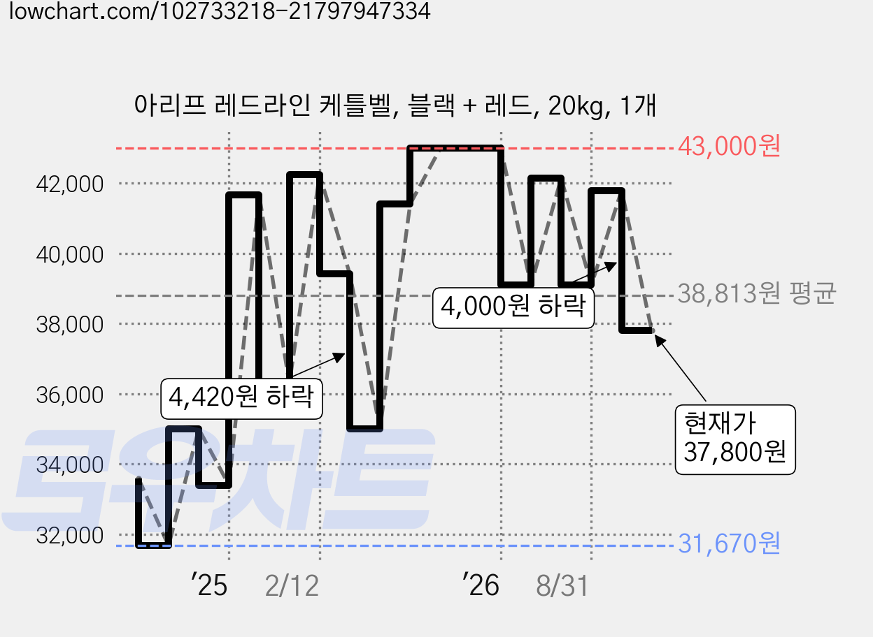 아리프 레드라인 케틀벨, 블랙 + 레드, 20kg, 1개 가격 변동 차트, 현재가 37,800원, 관측 최저가 31,670원