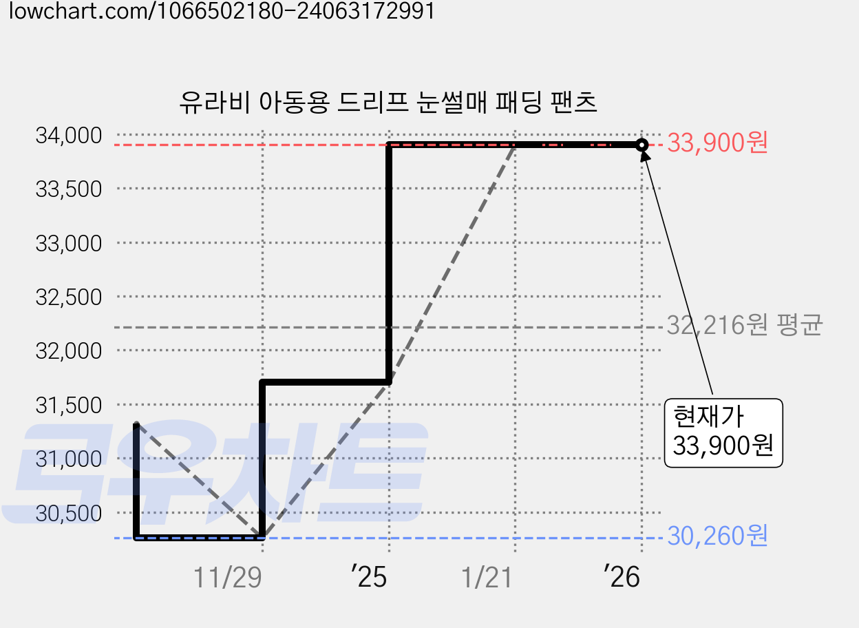 유라비 아동용 드리프 눈썰매 패딩 팬츠 가격 변동 차트, 현재가 33,900원, 관측 최저가 30,260원