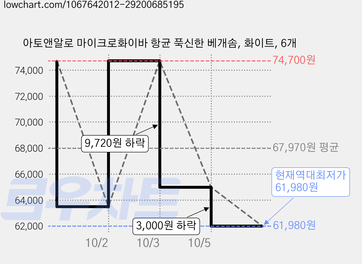 아토앤알로 마이크로화이바 항균 푹신한 베개솜, 화이트, 6개 가격 변동 차트, 현재가 61,980원, 역대최저가