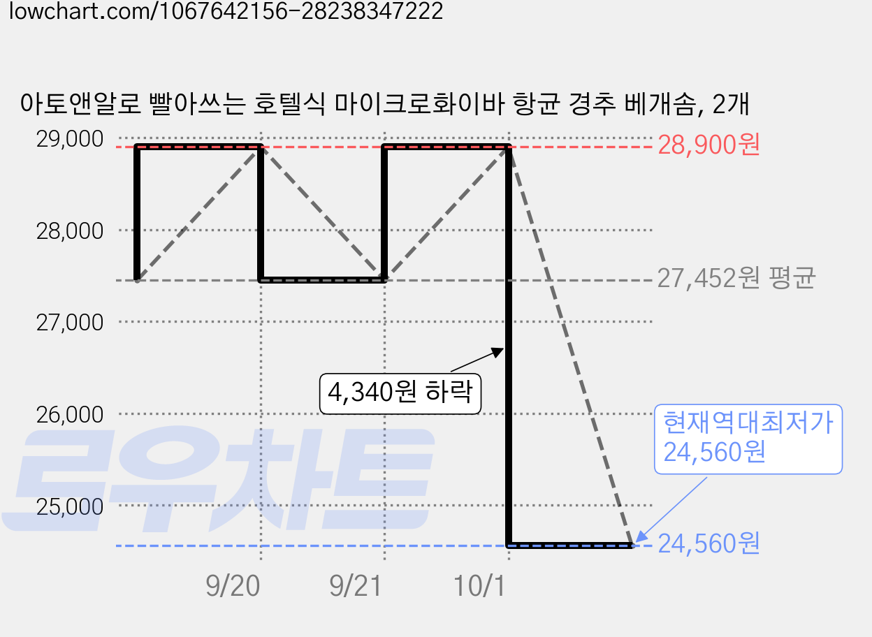 아토앤알로 빨아쓰는 호텔식 마이크로화이바 항균 경추 베개솜, 2개 가격 변동 차트, 현재가 24,560원, 역대최저가