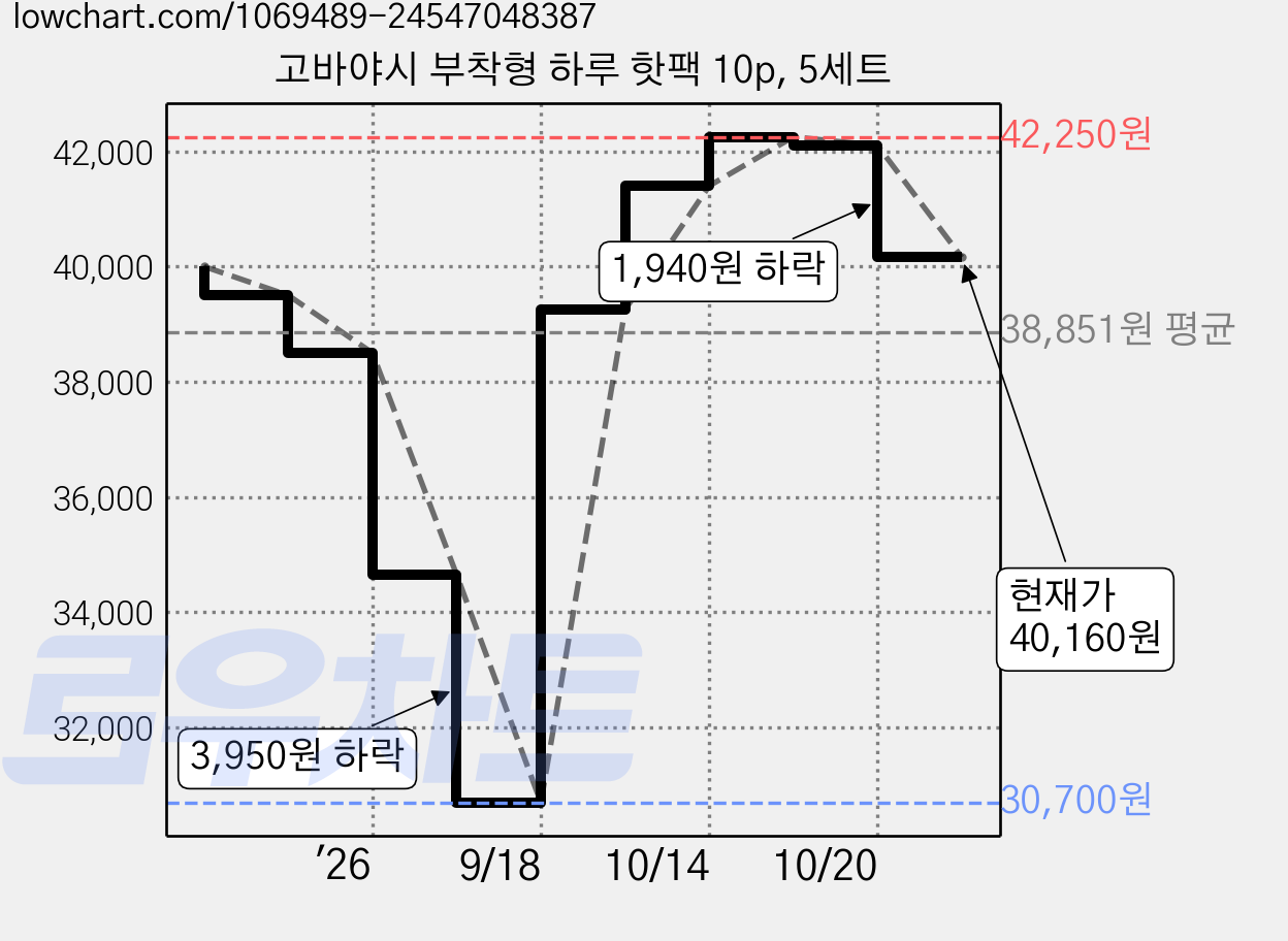고바야시 부착형 하루 핫팩 10p, 5세트 가격 변동 차트, 현재가 40,160원, 관측 최저가 30,700원
