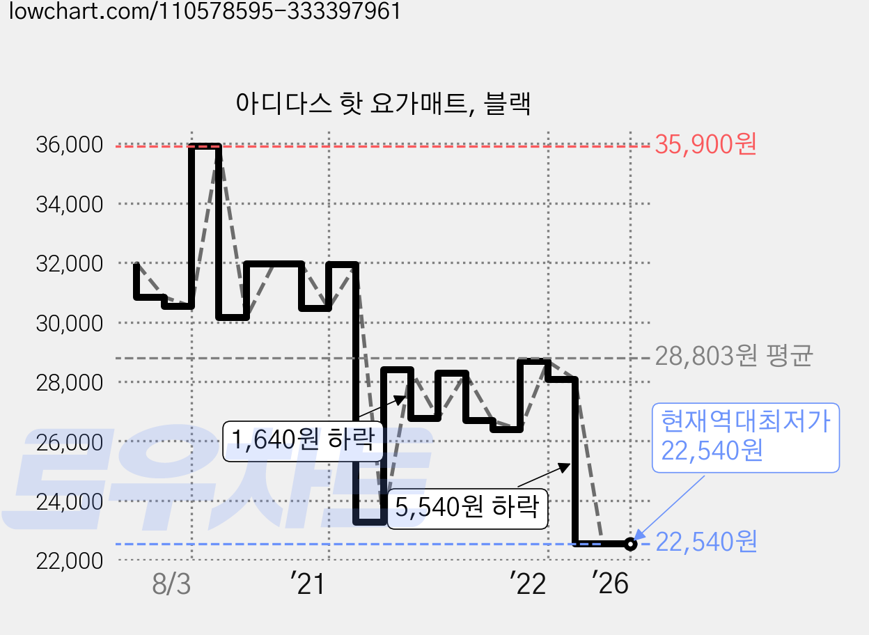아디다스 핫 요가매트, 블랙 가격 변동 차트, 현재가 22,540원, 역대최저가