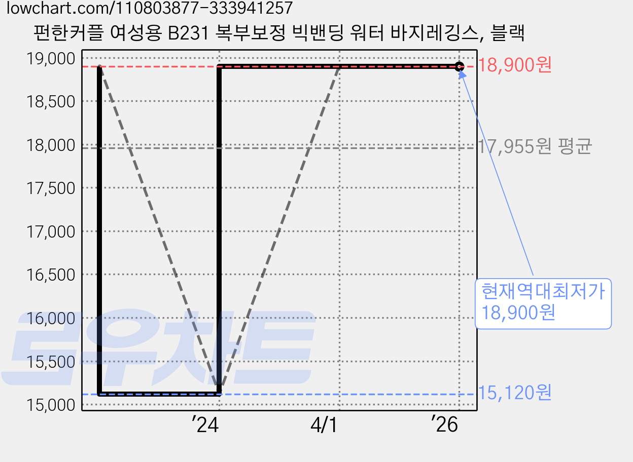 펀한커플 여성용 B231 복부보정 빅밴딩 워터 바지레깅스, 블랙 가격 변동 차트, 현재가 18,900원, 역대최저가