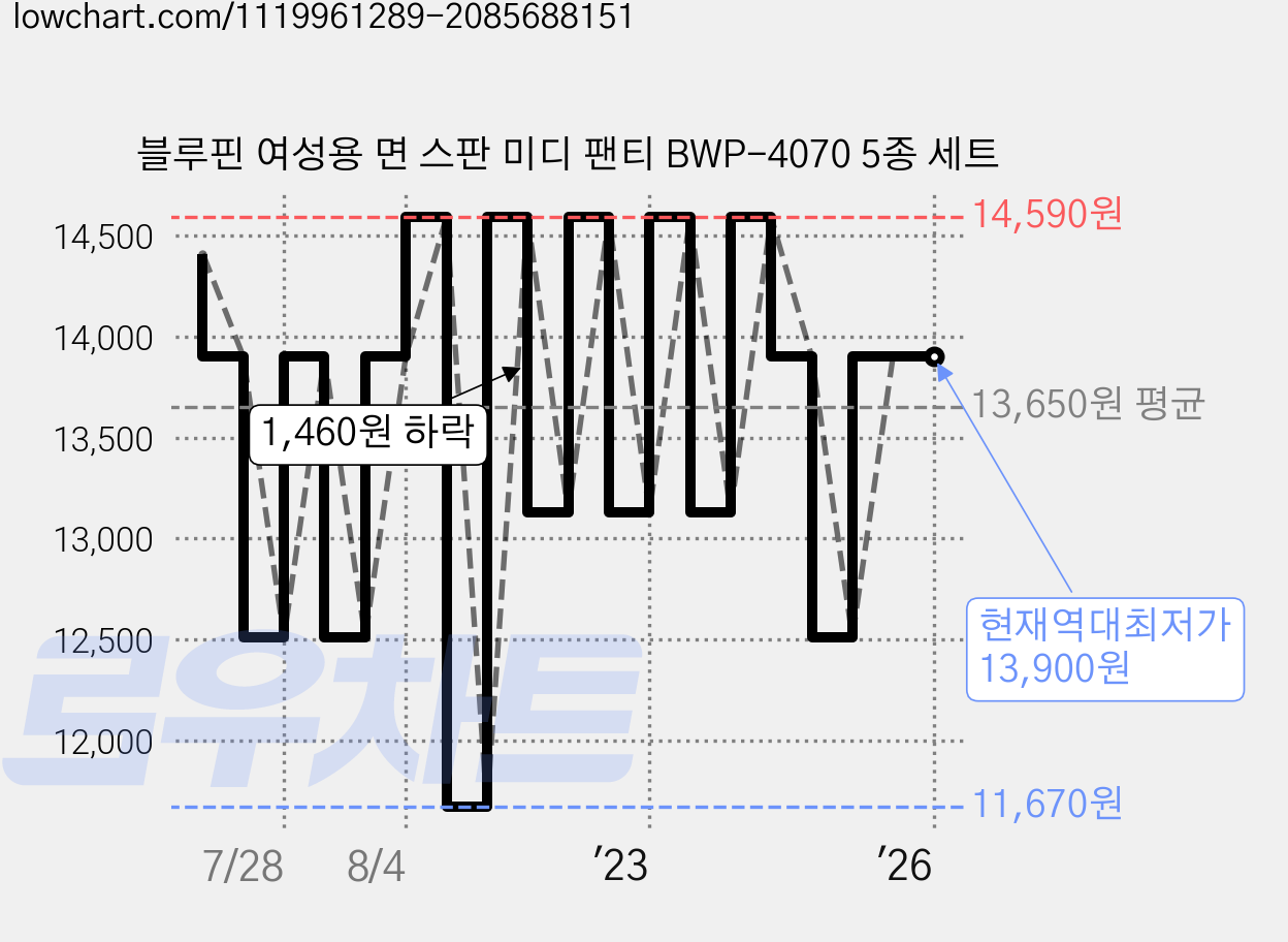 블루핀 여성용 면 스판 미디 팬티 BWP-4070 5종 세트 가격 변동 차트, 현재가 13,900원, 역대최저가