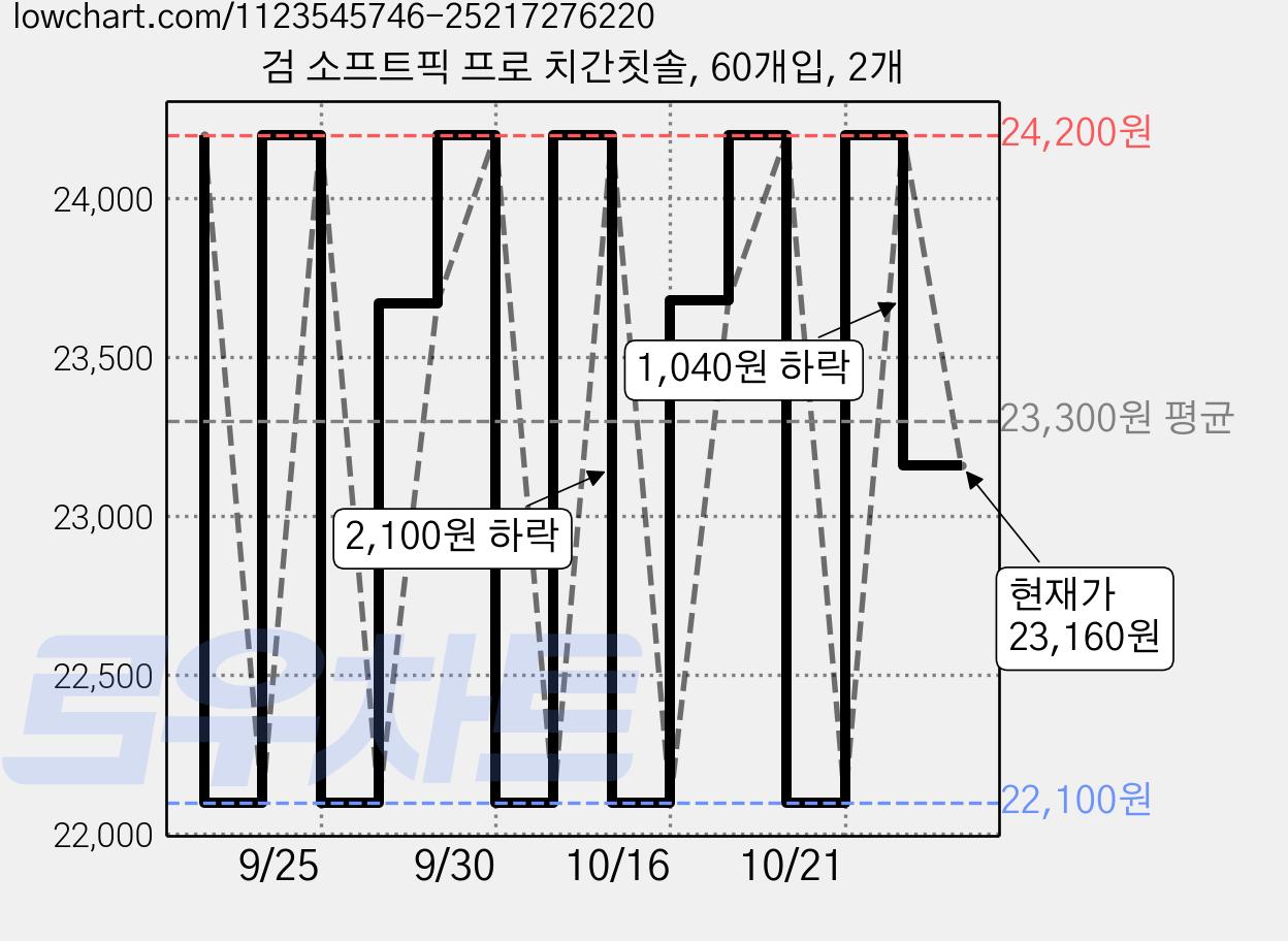 검 소프트픽 프로 치간칫솔, 60개입, 2개 가격 변동 차트, 현재가 23,160원, 관측 최저가 22,100원