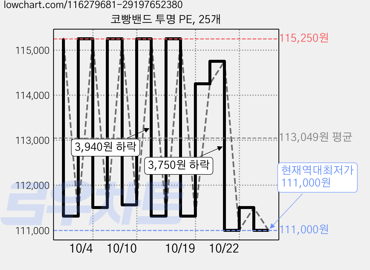 코빵밴드 투명 PE, 25개 가격 변동 차트, 현재가 111,000원, 역대최저가