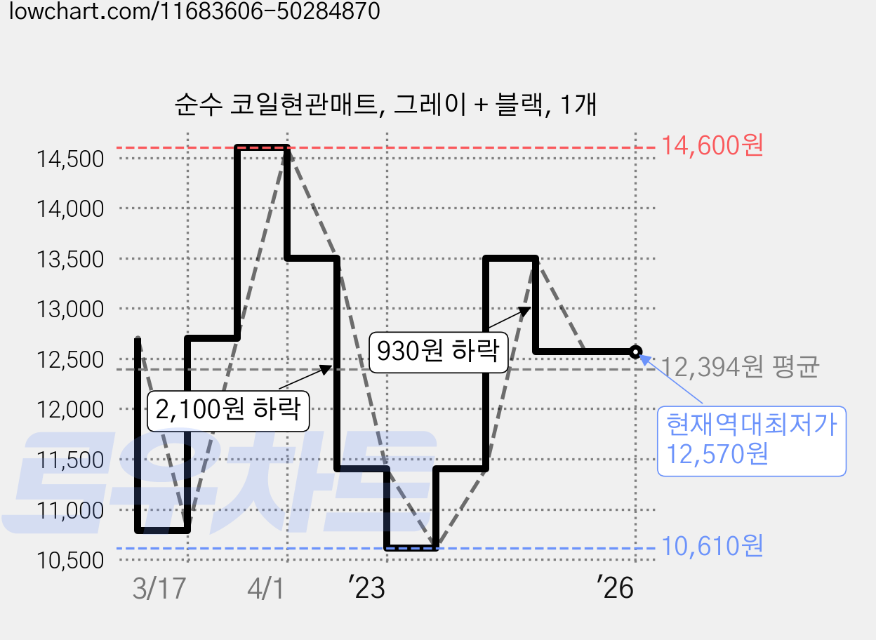 순수 코일현관매트, 그레이 + 블랙, 1개 가격 변동 차트, 현재가 12,570원, 역대최저가