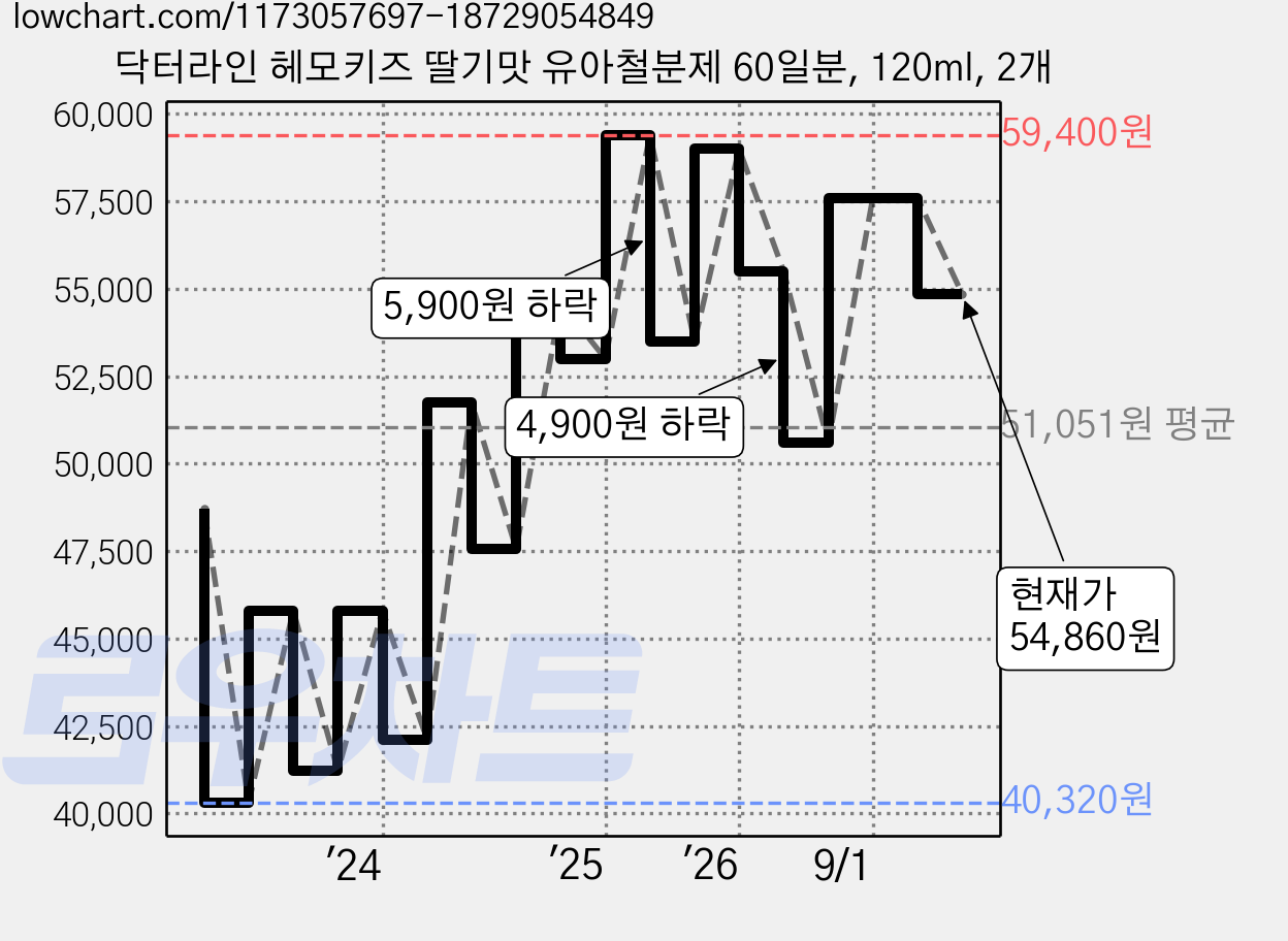 닥터라인 헤모키즈 딸기맛 유아철분제 60일분, 120ml, 2개 가격 변동 차트, 현재가 52,900원, 관측 최저가 40,320원