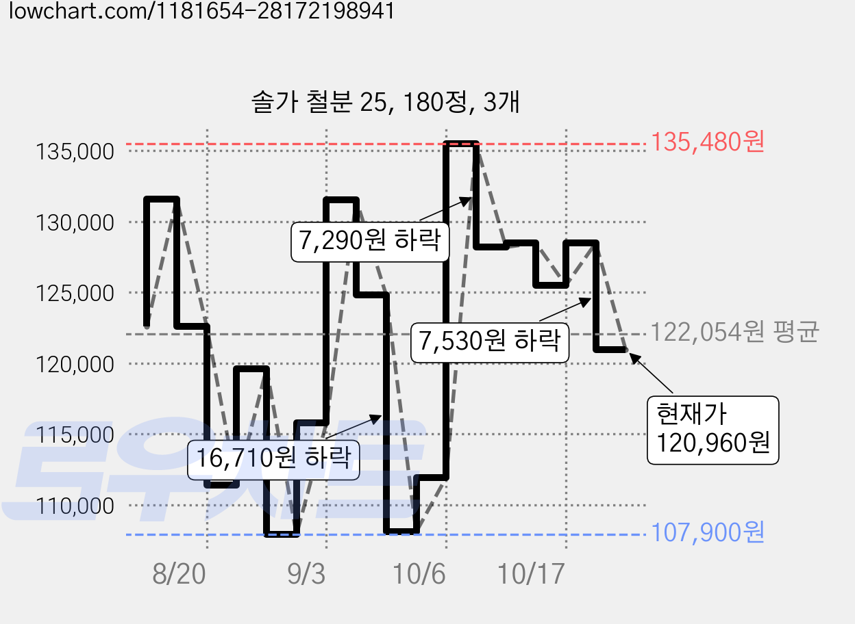 솔가 철분 25, 180정, 3개 가격 변동 차트, 현재가 120,960원, 관측 최저가 107,900원
