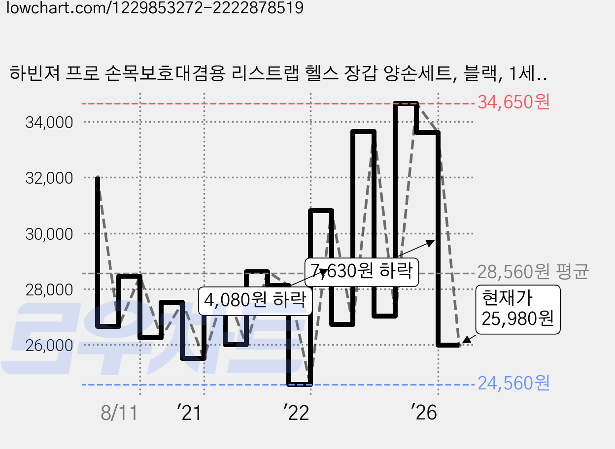 하빈져 프로 손목보호대겸용 리스트랩 헬스 장갑 양손세트, 블랙, 1세트 가격 변동 차트, 현재가 25,980원, 관측 최저가 24,560원