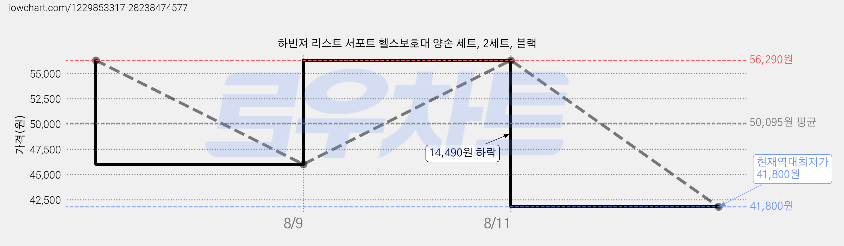 하빈져 리스트 서포트 헬스보호대 양손 세트, 2세트, 블랙 가격 변동 차트, 현재가 41,800원, 역대최저가
