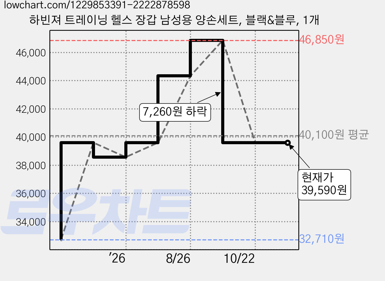 하빈져 트레이닝 헬스 장갑 남성용 양손세트, 블랙&블루, 1개 가격 변동 차트, 현재가 39,590원, 관측 최저가 32,710원