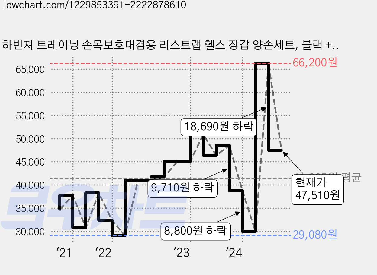 하빈져 트레이닝 손목보호대겸용 리스트랩 헬스 장갑 양손세트, 블랙 + 블루, 1세트 가격 변동 차트, 현재가 47,510원, 관측 최저가 29,080원