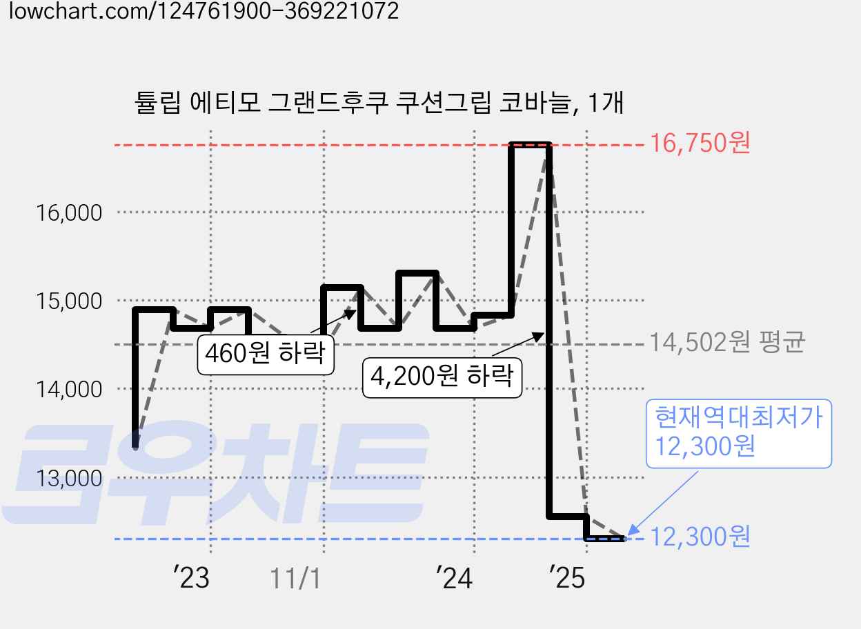 튤립 에티모 그랜드후쿠 쿠션그립 코바늘, 1개 가격 변동 차트, 현재가 12,300원, 역대최저가