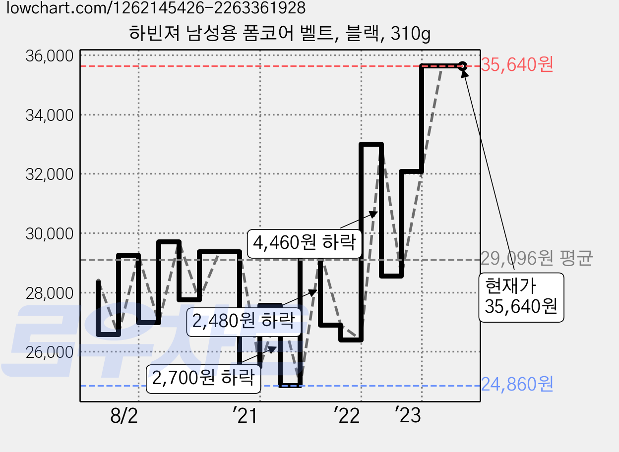 하빈져 남성용 폼코어 벨트, 블랙, 310g 가격 변동 차트, 현재가 35,640원, 역대최저가