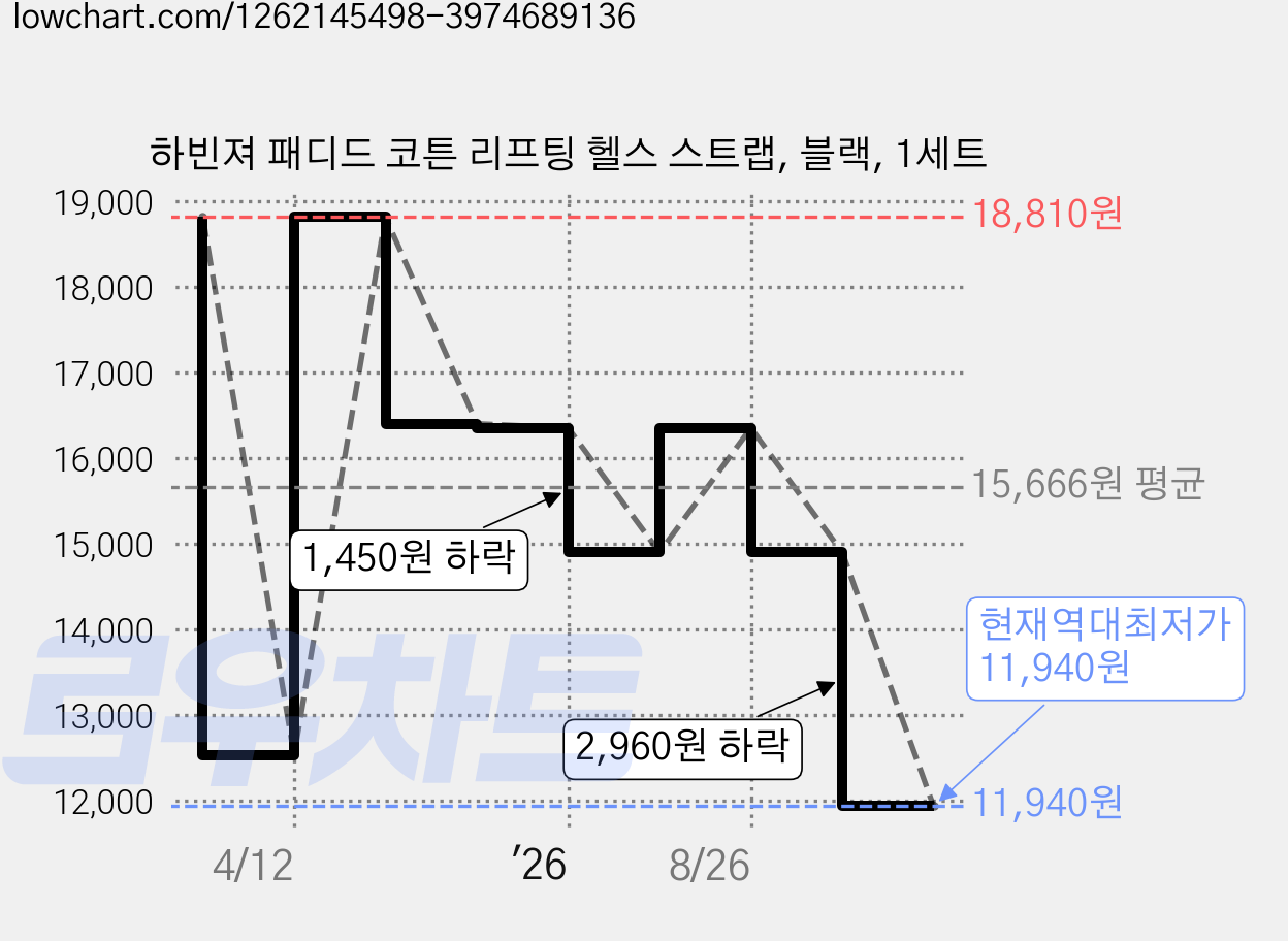 하빈져 패디드 코튼 리프팅 헬스 스트랩, 블랙, 1세트 가격 변동 차트, 현재가 11,940원, 역대최저가