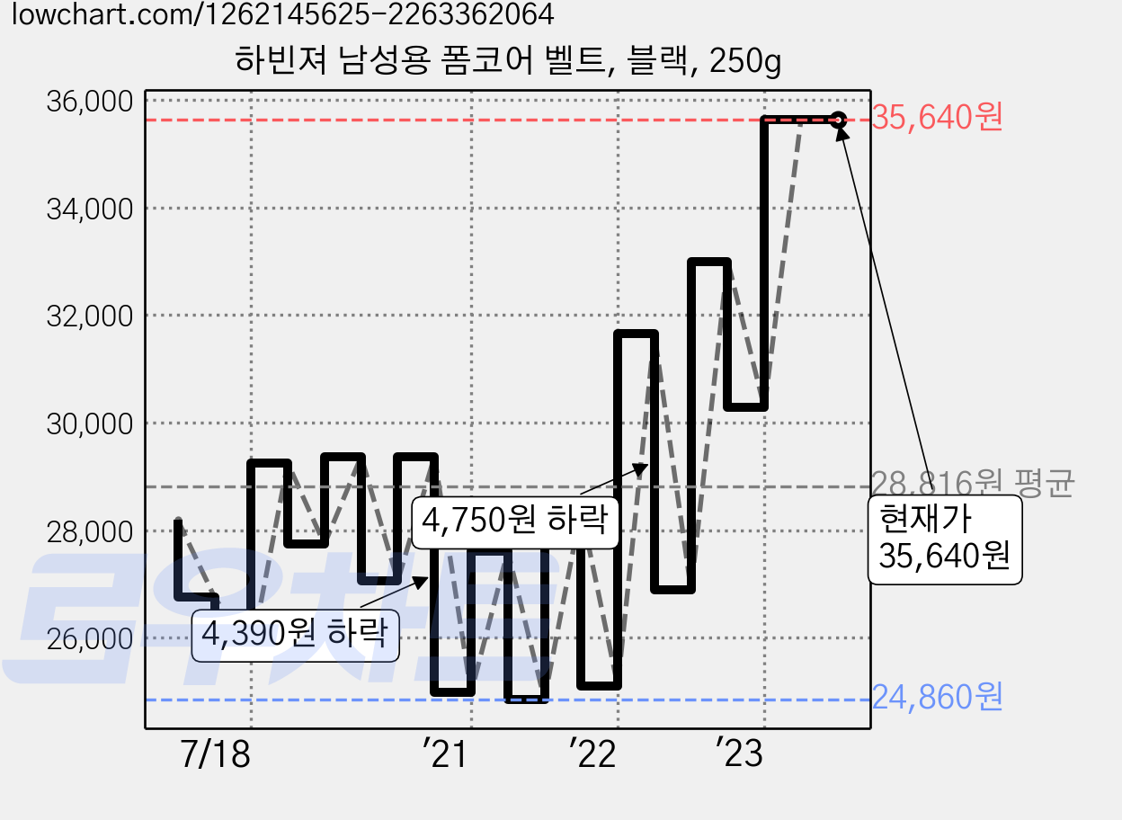 하빈져 남성용 폼코어 벨트, 블랙, 250g 가격 변동 차트, 현재가 35,640원, 역대최저가