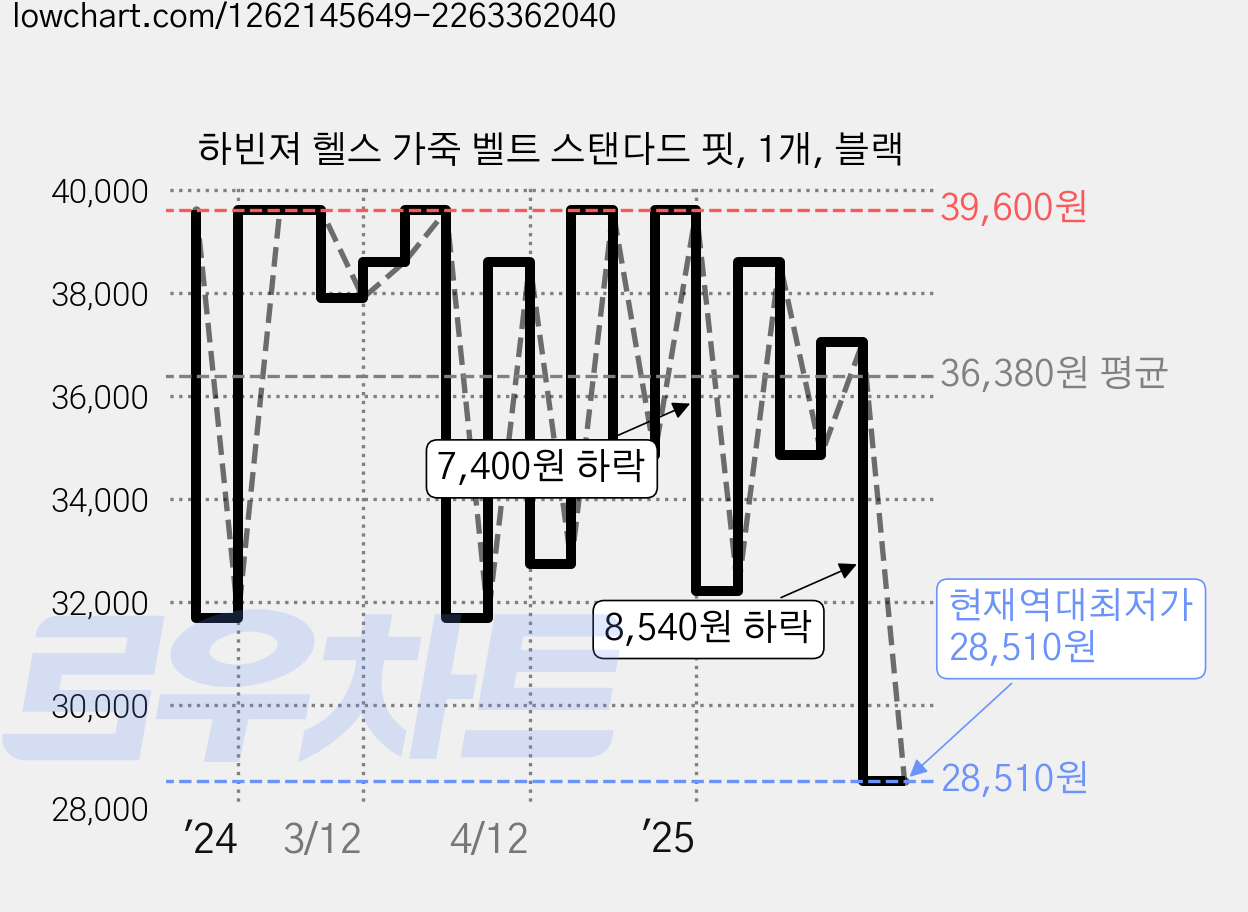 하빈져 헬스 가죽 벨트 스탠다드 핏, 1개, 블랙 가격 변동 차트, 현재가 28,510원, 역대최저가