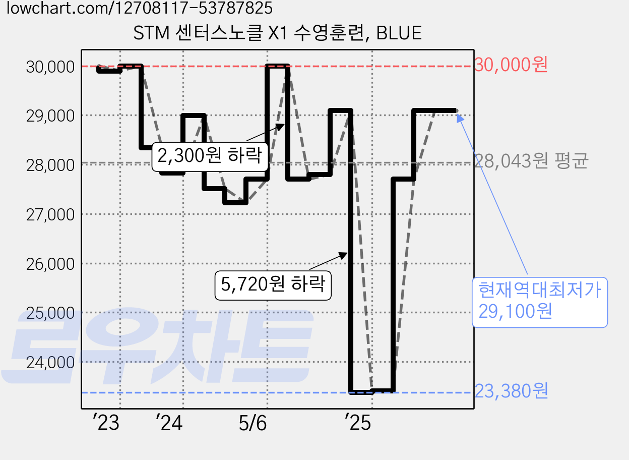 STM 센터스노클 X1 수영훈련, BLUE 가격 변동 차트, 현재가 29,100원, 역대최저가