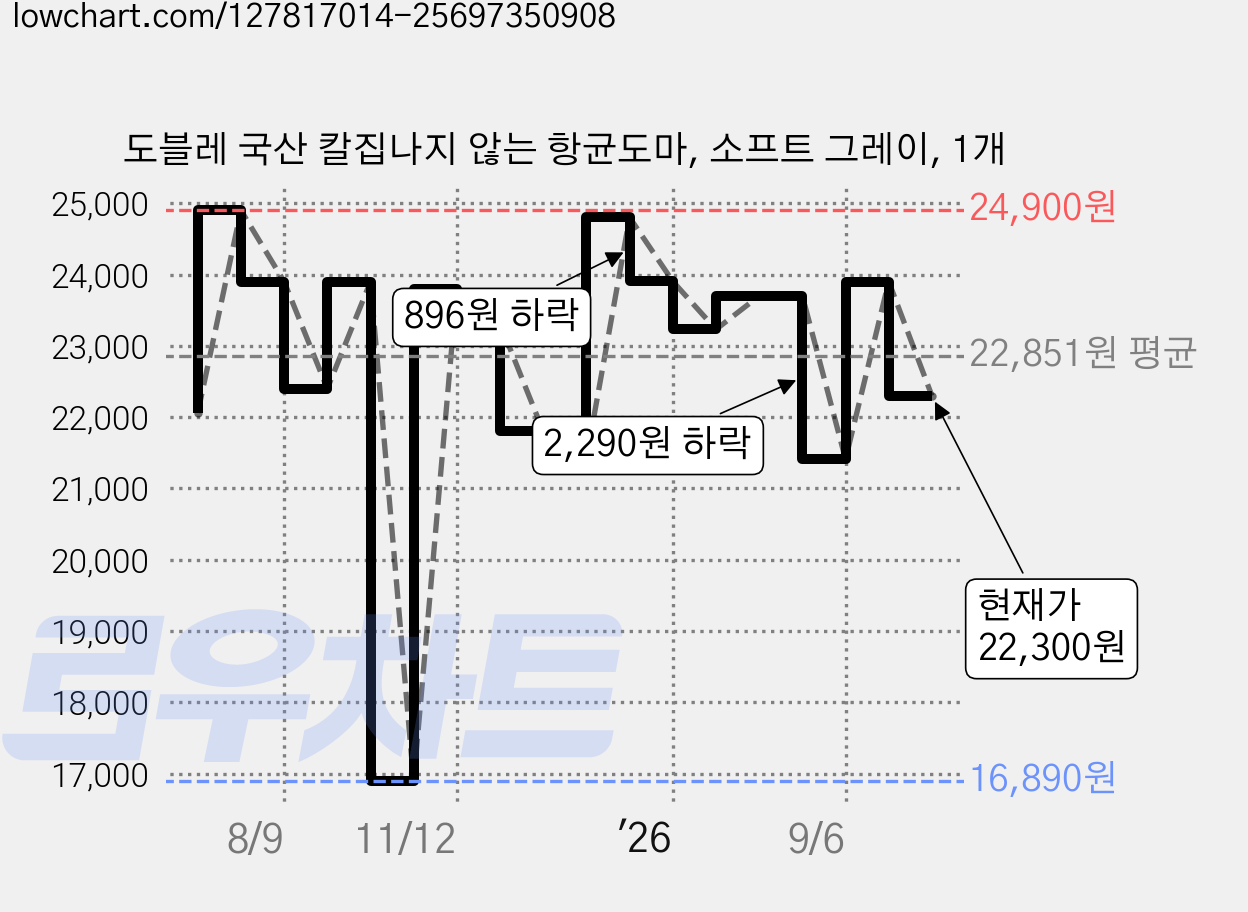 도블레 국산 칼집나지 않는 항균도마, 소프트 그레이, 1개 가격 변동 차트, 현재가 22,300원, 관측 최저가 16,890원