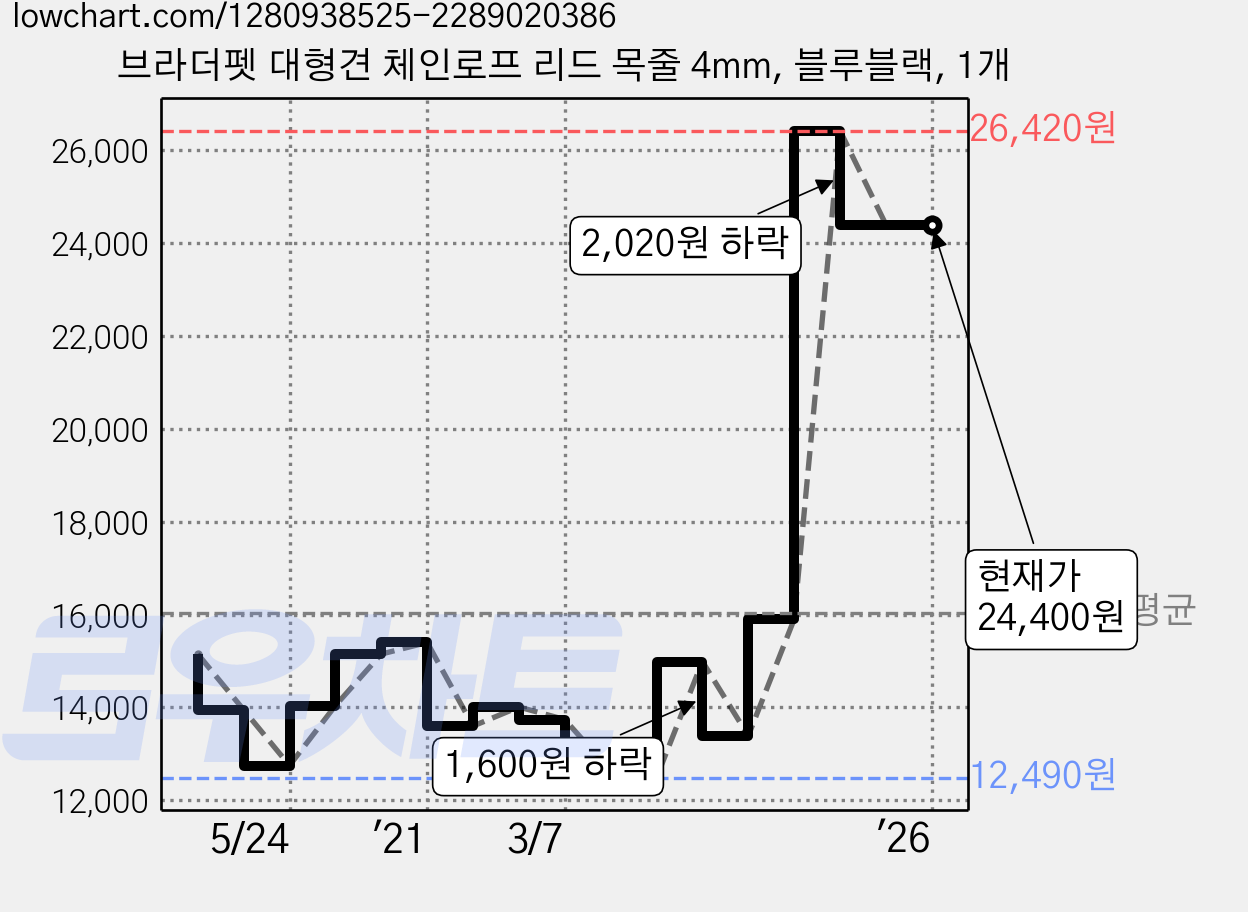 브라더펫 대형견 체인로프 리드 목줄 4mm, 블루블랙, 1개 가격 변동 차트, 현재가 24,400원, 역대최저가