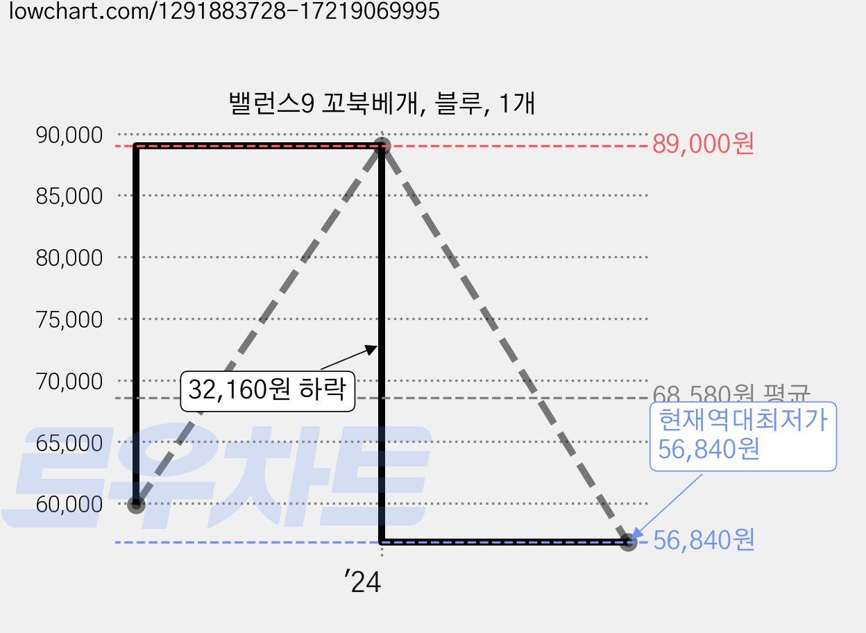 밸런스9 꼬북베개, 블루, 1개 가격 변동 차트, 현재가 56,840원, 역대최저가