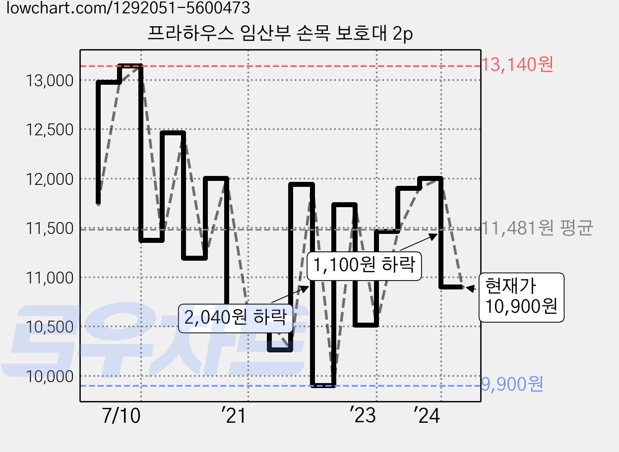 프라하우스 임산부 손목 보호대 2p 가격 변동 차트, 현재가 10,900원, 관측 최저가 9,900원
