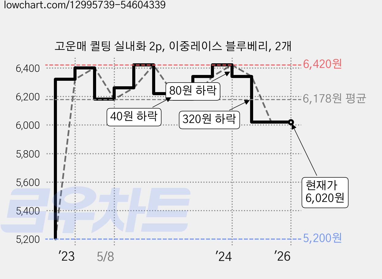 고운매 퀼팅 실내화 2p, 이중레이스 블루베리, 2개 가격 변동 차트, 현재가 6,020원, 역대최저가