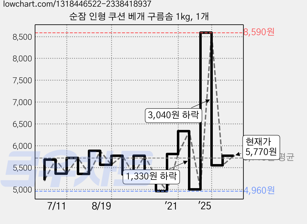 순잠 인형 쿠션 베개 구름솜 1kg, 1개 가격 변동 차트, 현재가 5,770원, 관측 최저가 4,000원