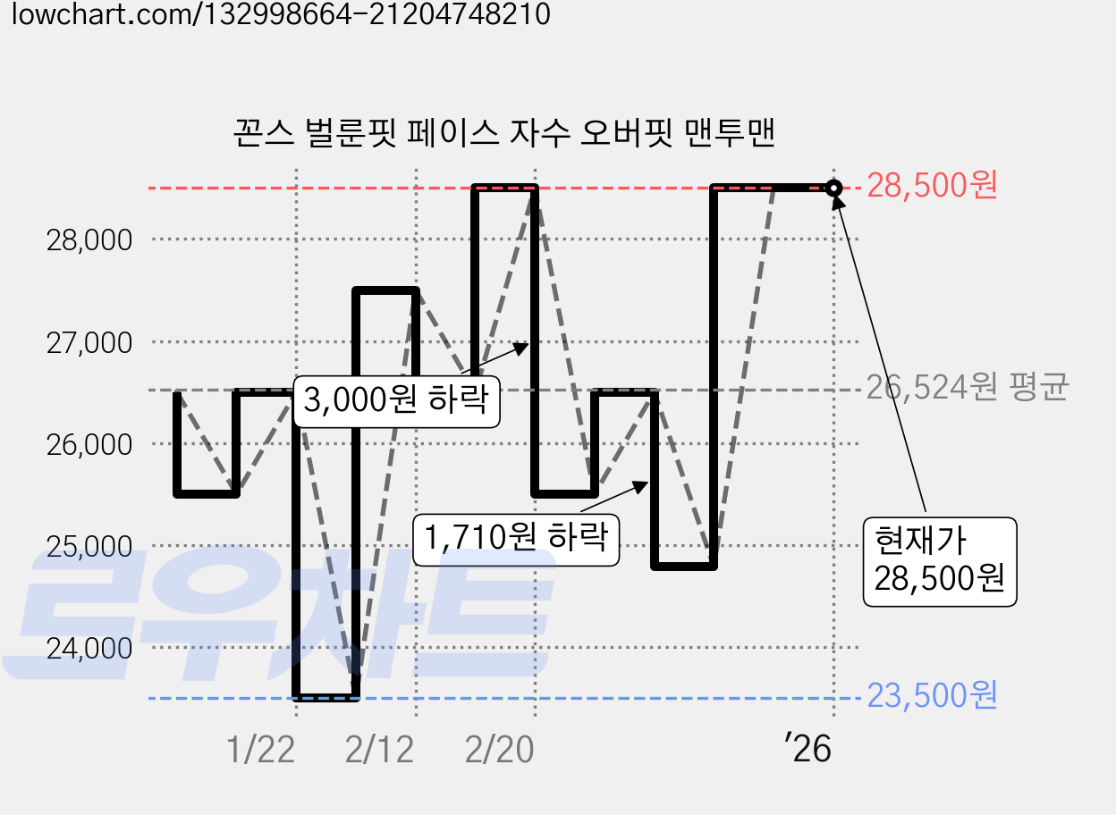 꼰스 벌룬핏 페이스 자수 오버핏 맨투맨 가격 변동 차트, 현재가 28,500원, 역대최저가