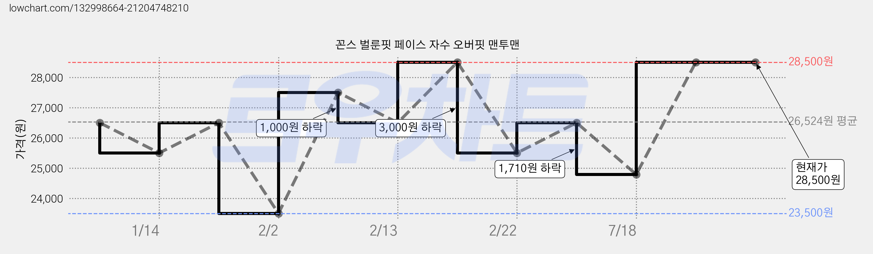 꼰스 벌룬핏 페이스 자수 오버핏 맨투맨 가격 변동 차트, 현재가 28,500원, 역대최저가