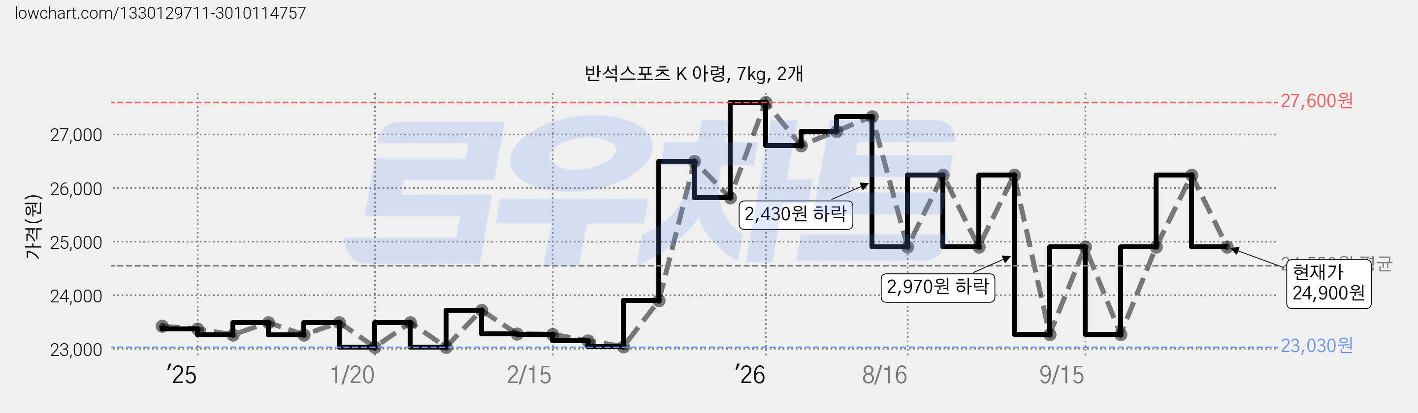 반석스포츠 K 아령, 7kg, 2개 가격 변동 차트, 현재가 24,900원, 관측 최저가 22,330원