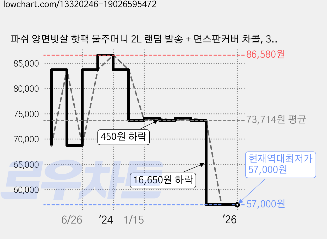 파쉬 양면빗살 핫팩 물주머니 2L 랜덤 발송 + 면스판커버 차콜, 3세트 가격 변동 차트, 현재가 57,000원, 역대최저가