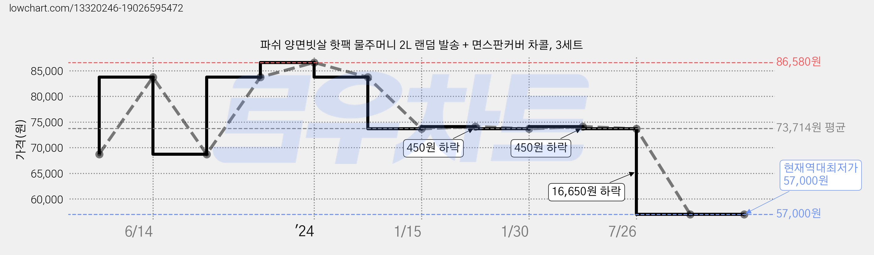 파쉬 양면빗살 핫팩 물주머니 2L 랜덤 발송 + 면스판커버 차콜, 3세트 가격 변동 차트, 현재가 57,000원, 역대최저가