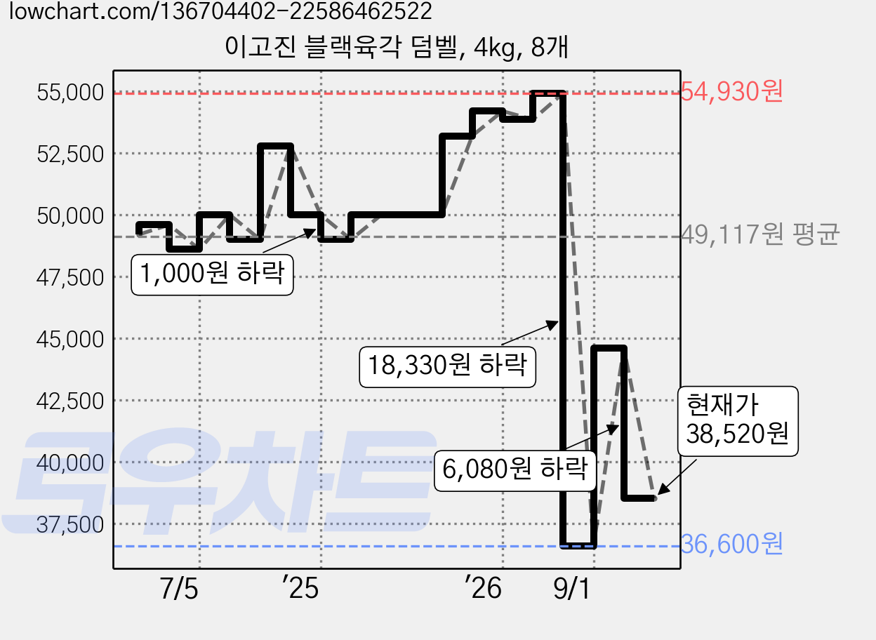 이고진 블랙육각 덤벨, 4kg, 8개 가격 변동 차트, 현재가 38,520원, 관측 최저가 36,600원