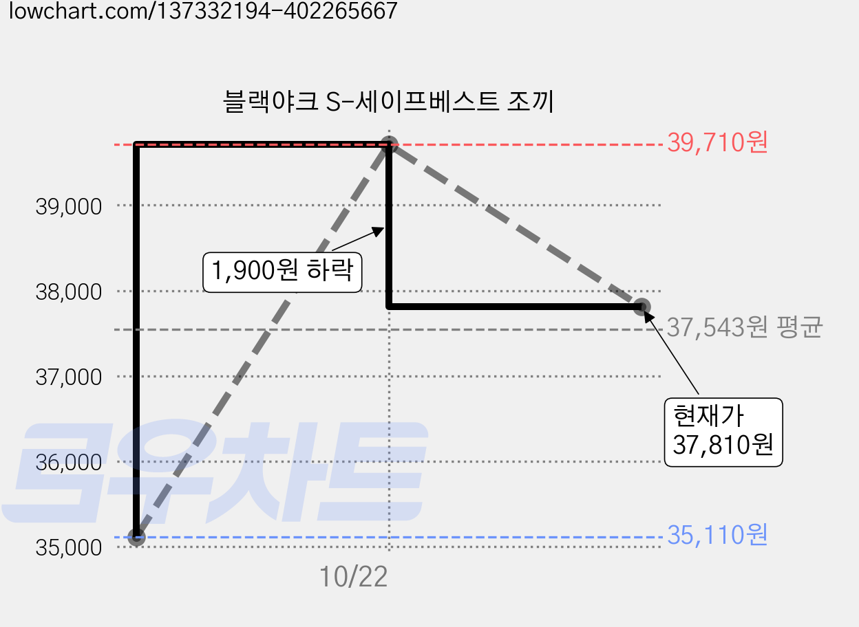 블랙야크 S-세이프베스트 조끼 가격 변동 차트, 현재가 37,810원, 관측 최저가 35,110원