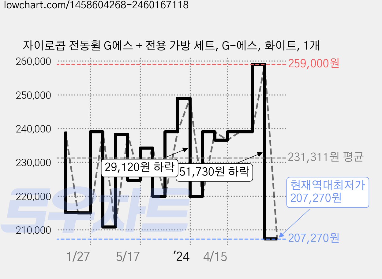 자이로콥 전동휠 G에스 + 전용 가방 세트, G-에스, 화이트, 1개 가격 변동 차트, 현재가 207,270원, 역대최저가