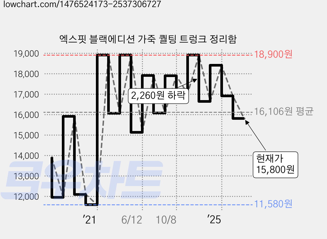 엑스핏 블랙에디션 가죽 퀄팅 트렁크 정리함 가격 변동 차트, 현재가 15,800원, 관측 최저가 11,580원