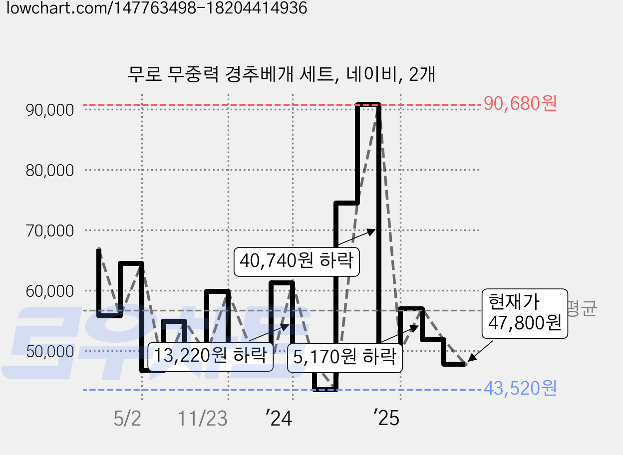 무로 무중력 경추베개 세트, 네이비, 2개 가격 변동 차트, 현재가 47,800원, 관측 최저가 40,460원