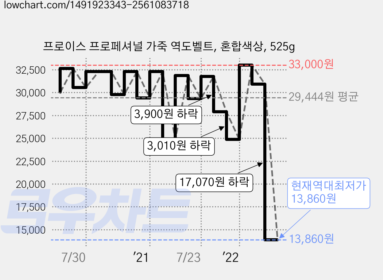 프로이스 프로페셔널 가죽 역도벨트, 혼합색상, 525g 가격 변동 차트, 현재가 13,860원, 역대최저가