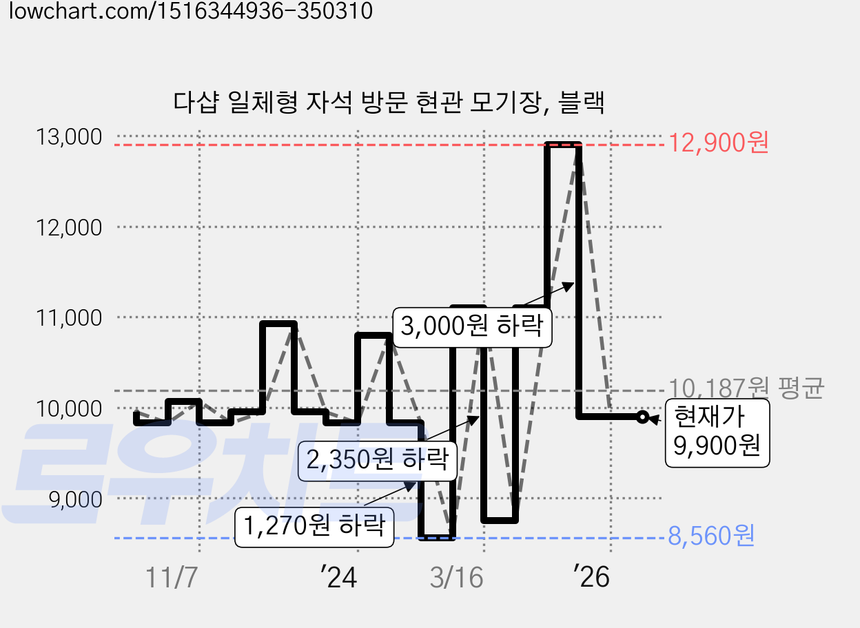 다샵 일체형 자석 방문 현관 모기장, 블랙 가격 변동 차트, 현재가 9,900원, 관측 최저가 8,560원