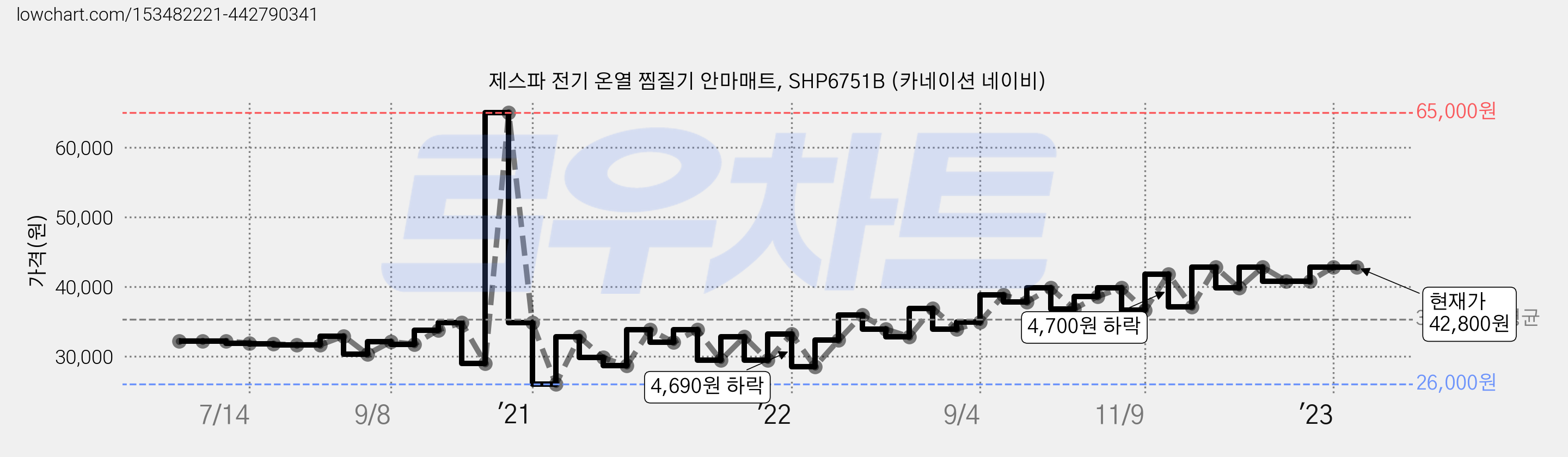 제스파 전기 온열 찜질기 안마매트, SHP6751B (카네이션 네이비) 가격 변동 차트, 현재가 42,800원, 역대최저가