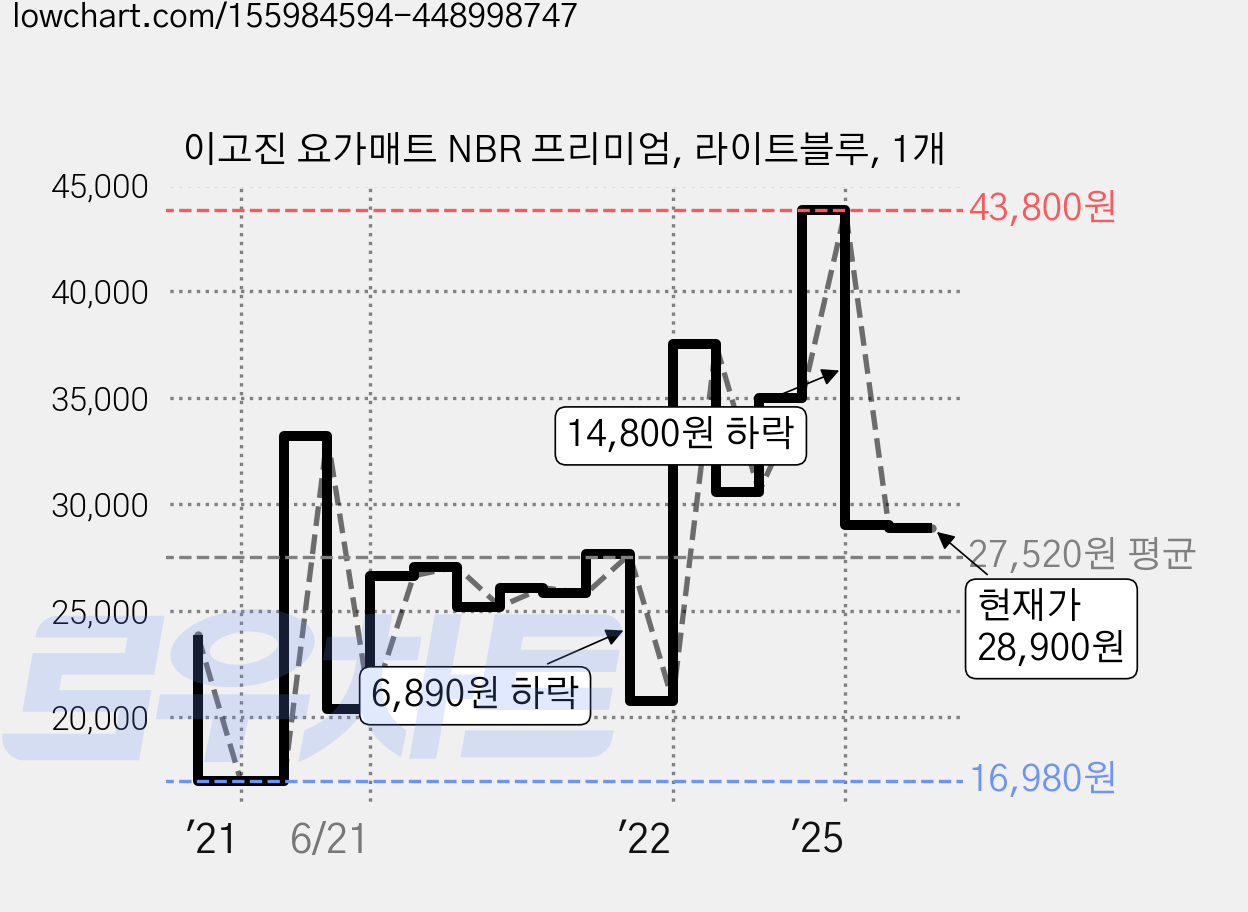 이고진 요가매트 NBR 프리미엄, 라이트블루, 1개 가격 변동 차트, 현재가 28,900원, 관측 최저가 16,830원