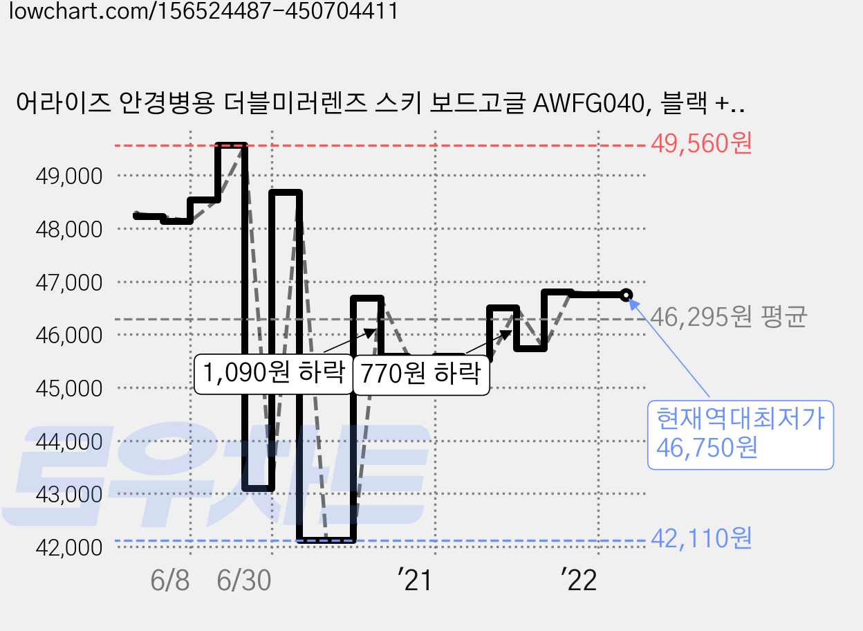 어라이즈 안경병용 더블미러렌즈 스키 보드고글 AWFG040, 블랙 + 실버, 1개 가격 변동 차트, 현재가 46,750원, 역대최저가