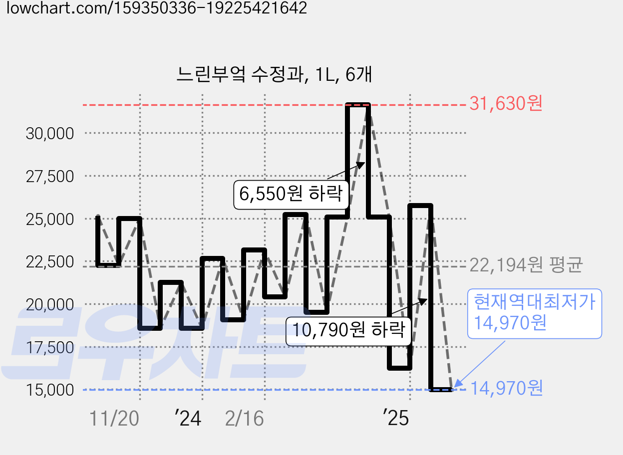 느린부엌 수정과, 1L, 6개 가격 변동 차트, 현재가 14,970원, 역대최저가