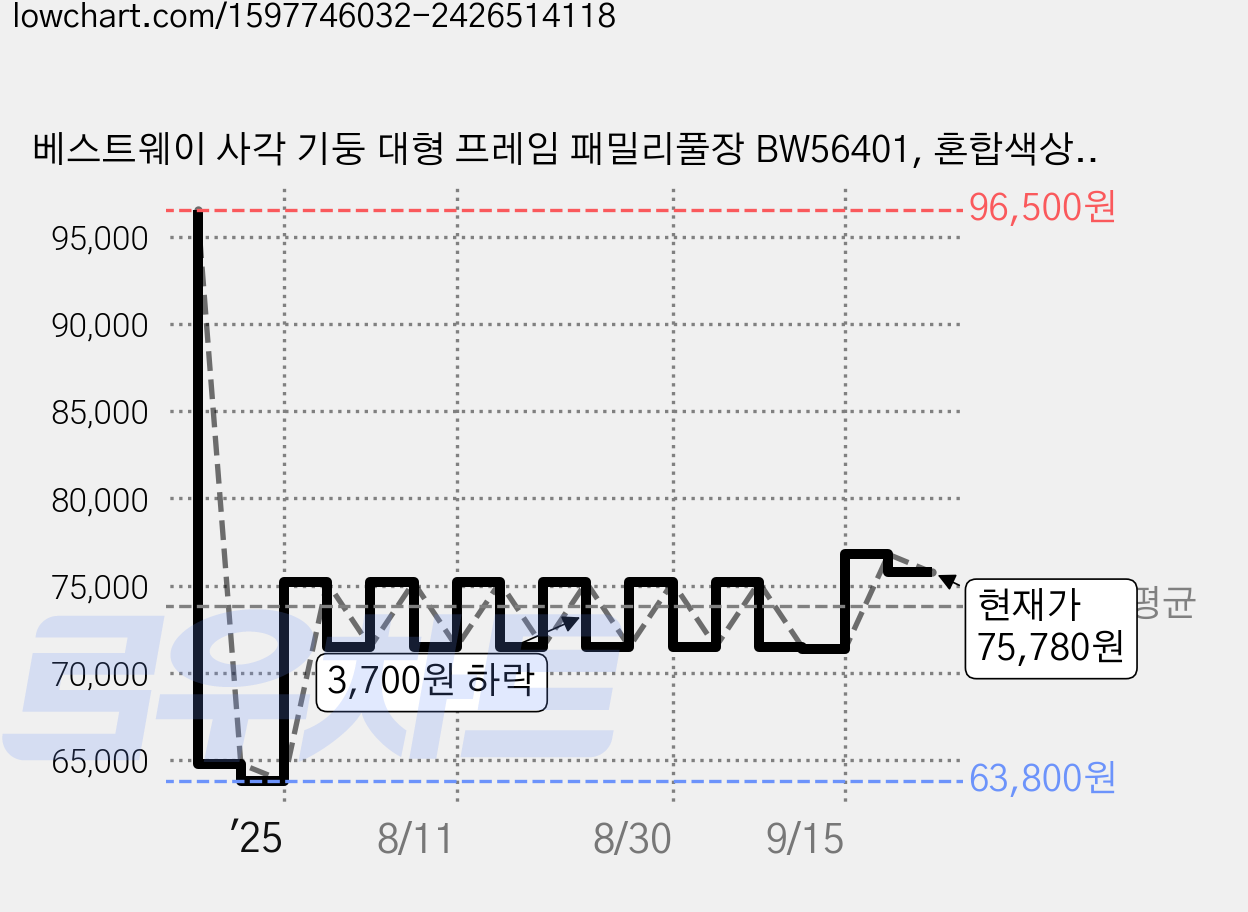베스트웨이 사각 기둥 대형 프레임 패밀리풀장 BW56401, 혼합색상, 1개 가격 변동 차트, 현재가 75,780원, 관측 최저가 63,800원