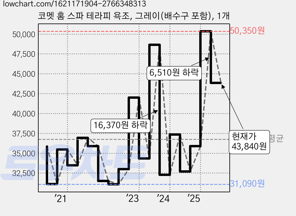코멧 홈 스파 테라피 욕조, 그레이(배수구 포함), 1개 가격 변동 차트, 현재가 43,840원, 관측 최저가 30,990원